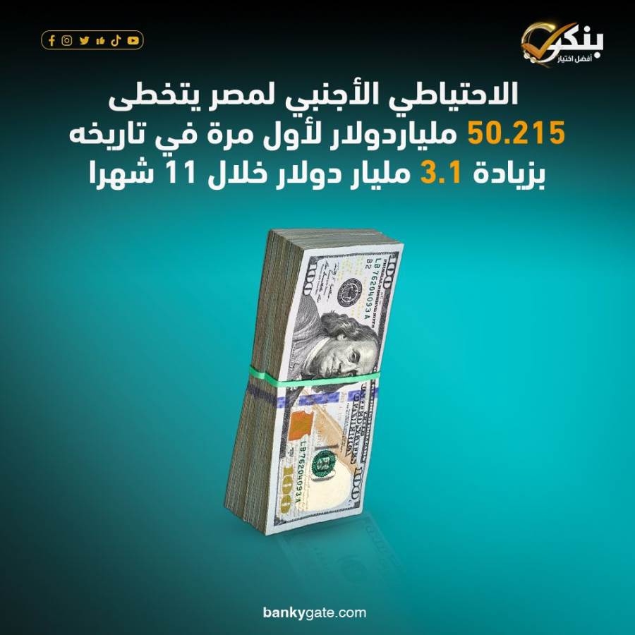 البنك المركزي: صافي الإحتياطي الأجنبي يرتفع إلى 50.215 مليار دولار بنهاية نوفمبر 2025
